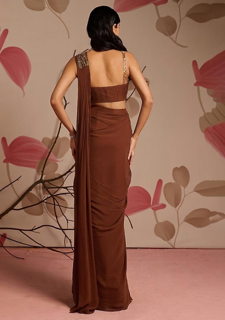 Brown Georgette Solid Handwork Pre Draped Saree Set - Indya