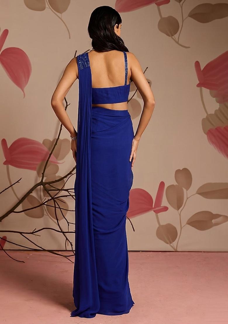 Blue Georgette Solid Handwork Pre Draped Saree Set - Indya