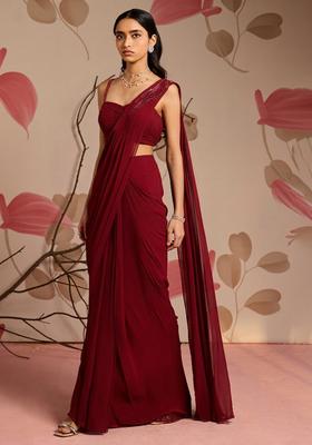 Red Georgette Solid Handwork Pre Draped Saree Set