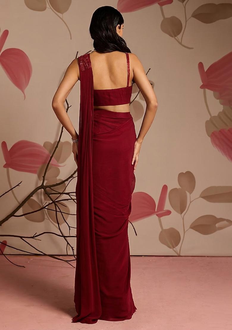 Red Georgette Solid Handwork Pre Draped Saree Set - Indya
