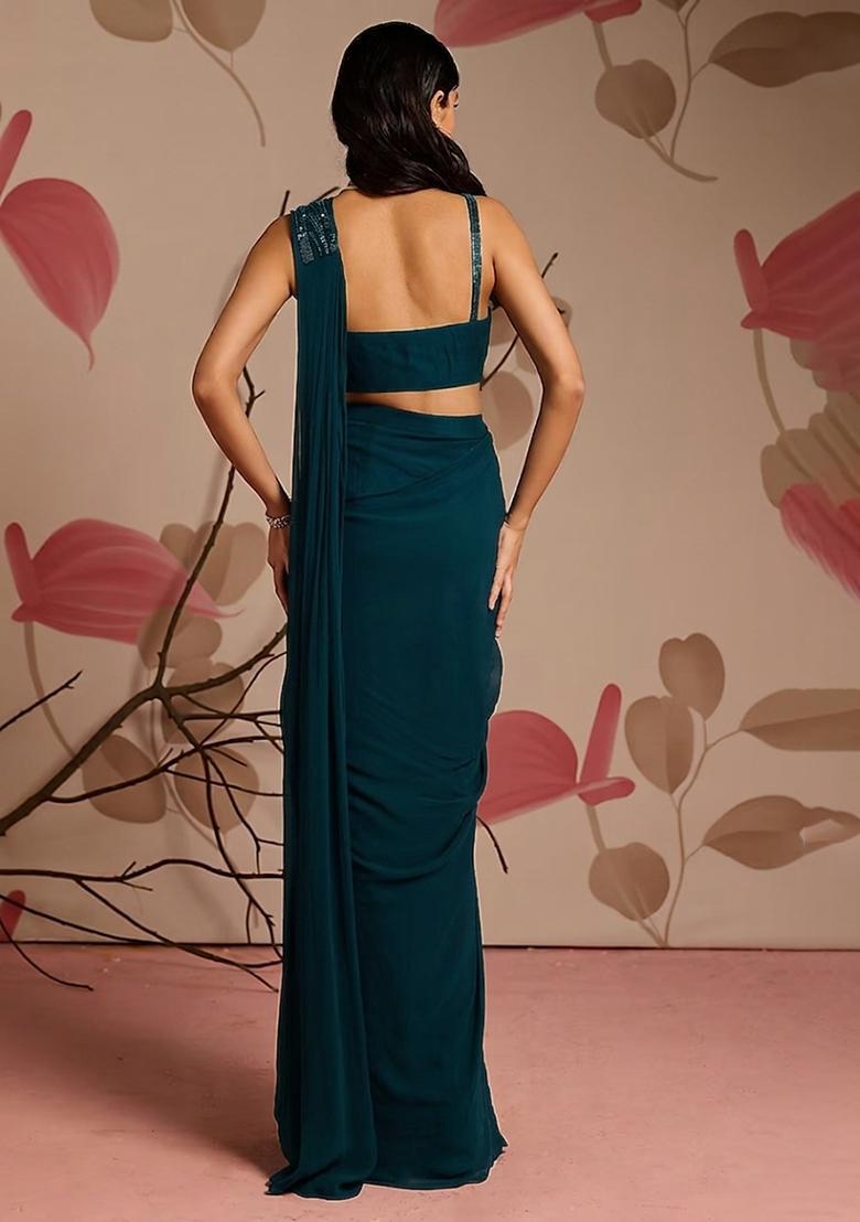 Teal Blue Georgette Solid Handwork Pre Draped Saree Set - Indya