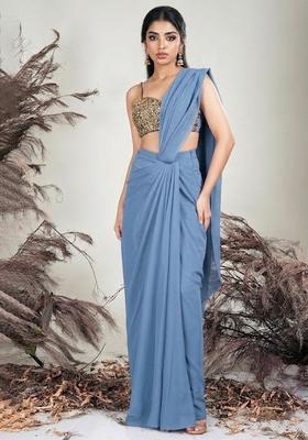 Blue Crepe Embellished Handwork Pre Draped Saree Set