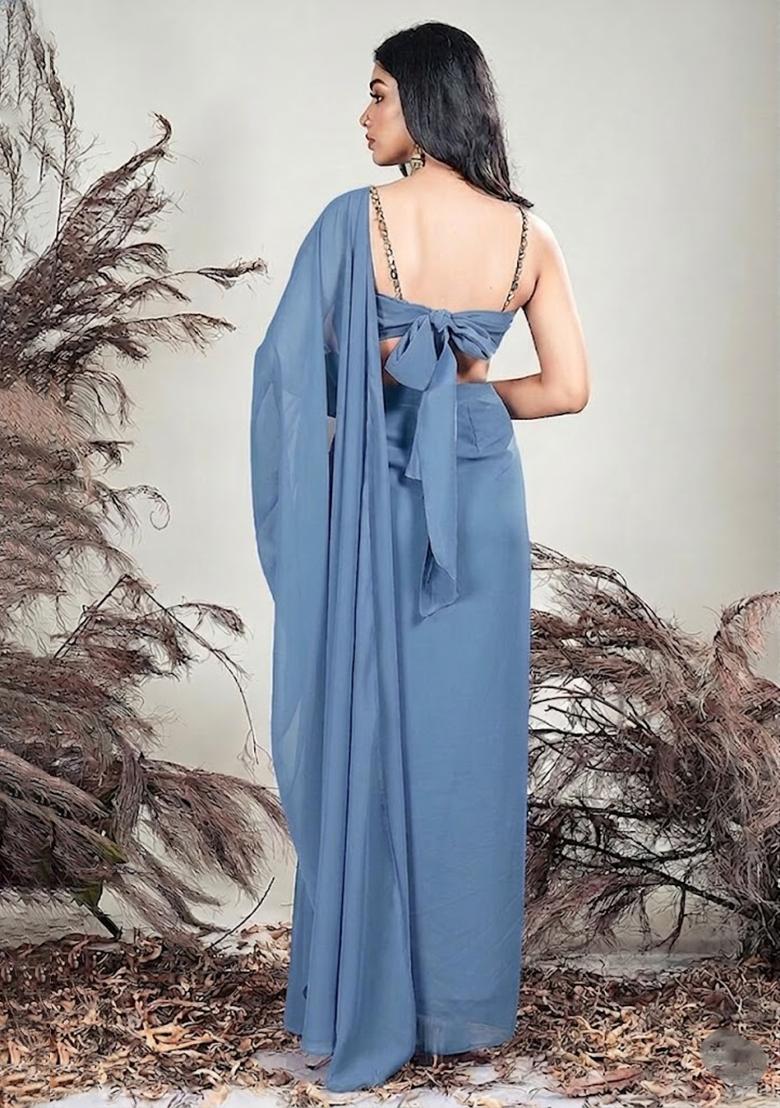 Blue Crepe Embellished Handwork Pre Draped Saree Set - Indya