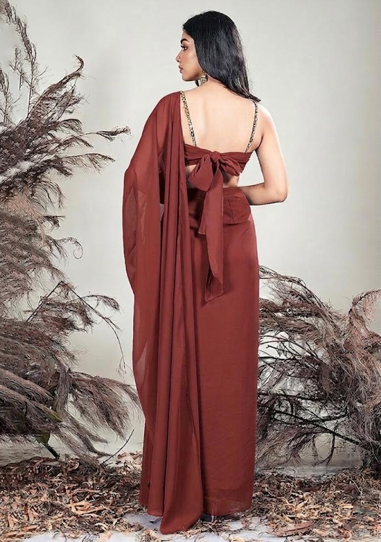 Brick Red Crepe Embellished Handwork Pre Draped Saree Set - Indya