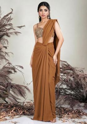Golden Yellow Crepe Embellished Handwork Pre Draped Saree Set