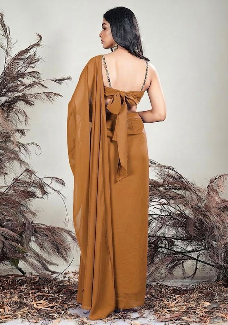 Golden Yellow Crepe Embellished Handwork Pre Draped Saree Set - Indya