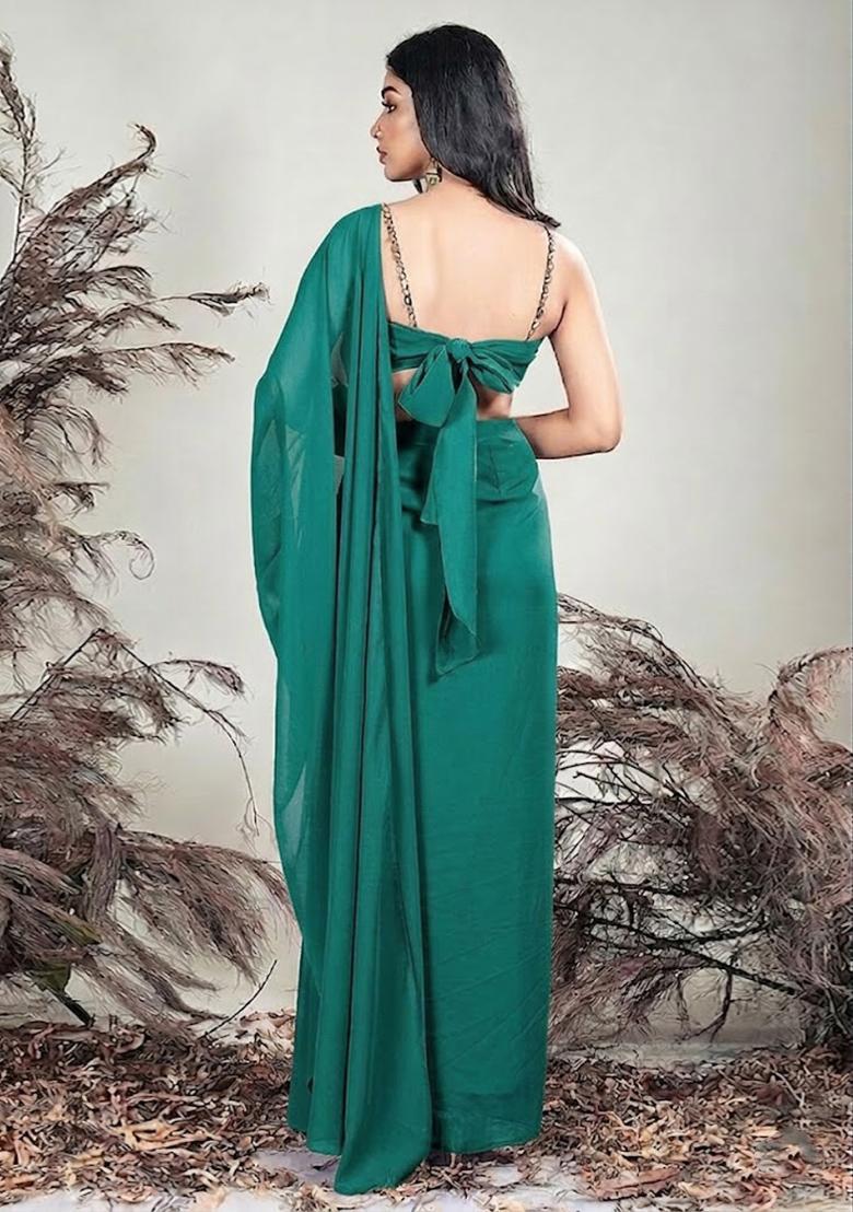 Green Crepe Embellished Handwork Pre Draped Saree Set - Indya