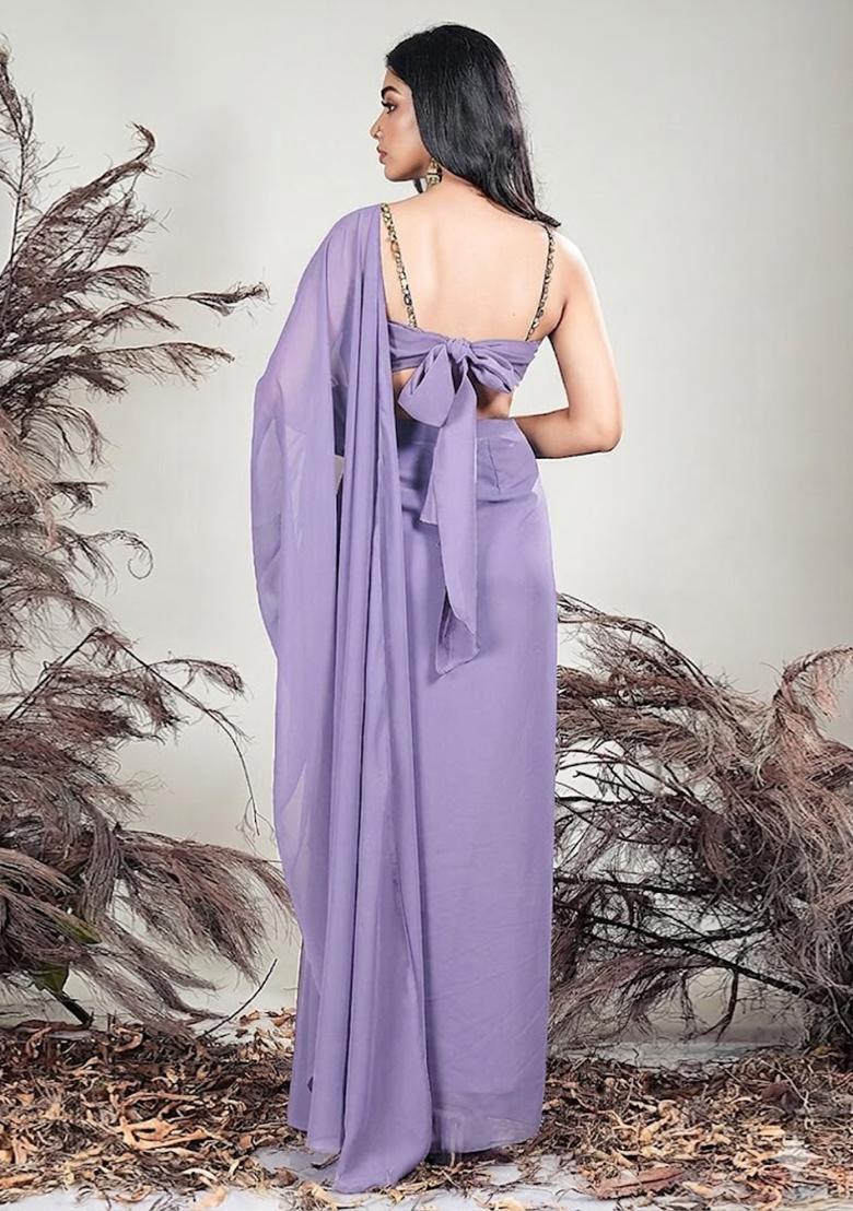 Purple Crepe Embellished Handwork Pre Draped Saree Set - Indya