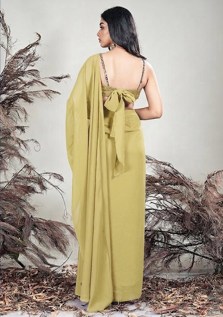 Yellow Crepe Embellished Handwork Pre Draped Saree Set - Indya