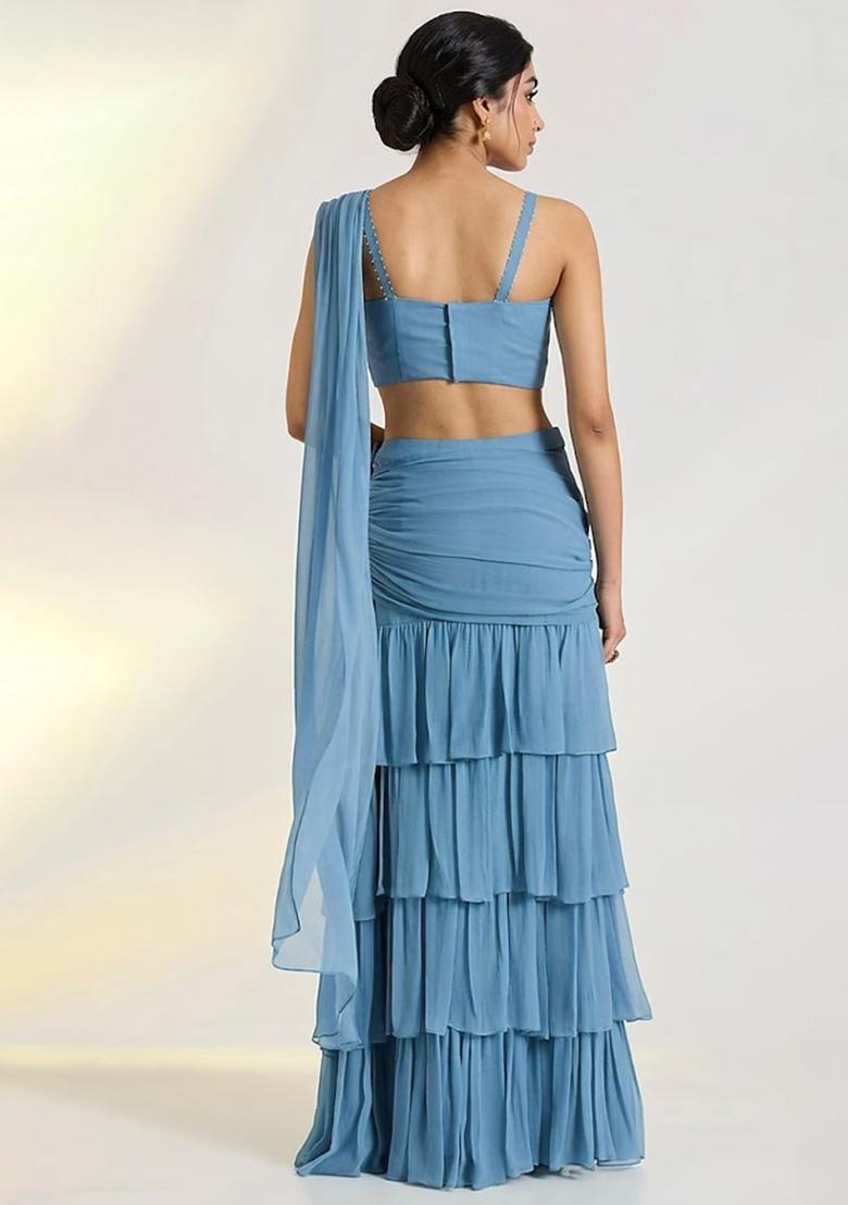Blue Georgette Embellished Handwork Pre Draped Saree Set - Indya
