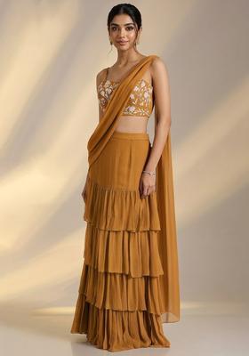 Golden Yellow Georgette Embellished Handwork Pre Draped Saree Set