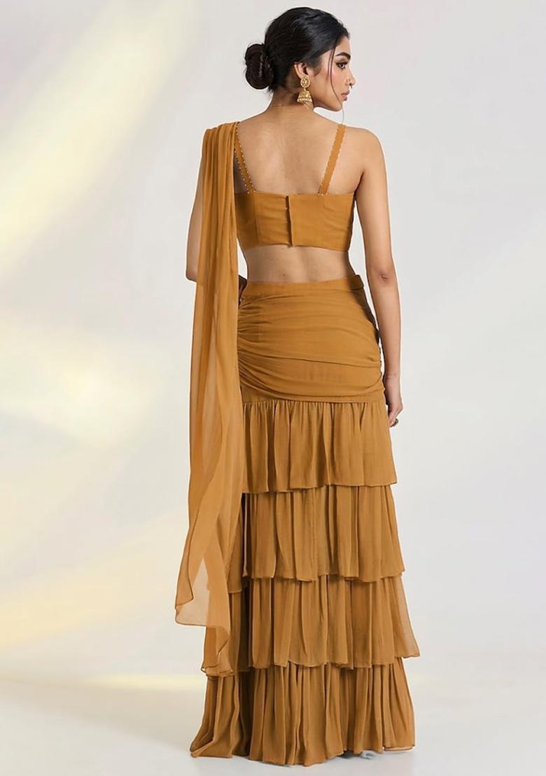 Golden Yellow Georgette Embellished Handwork Pre Draped Saree Set - Indya