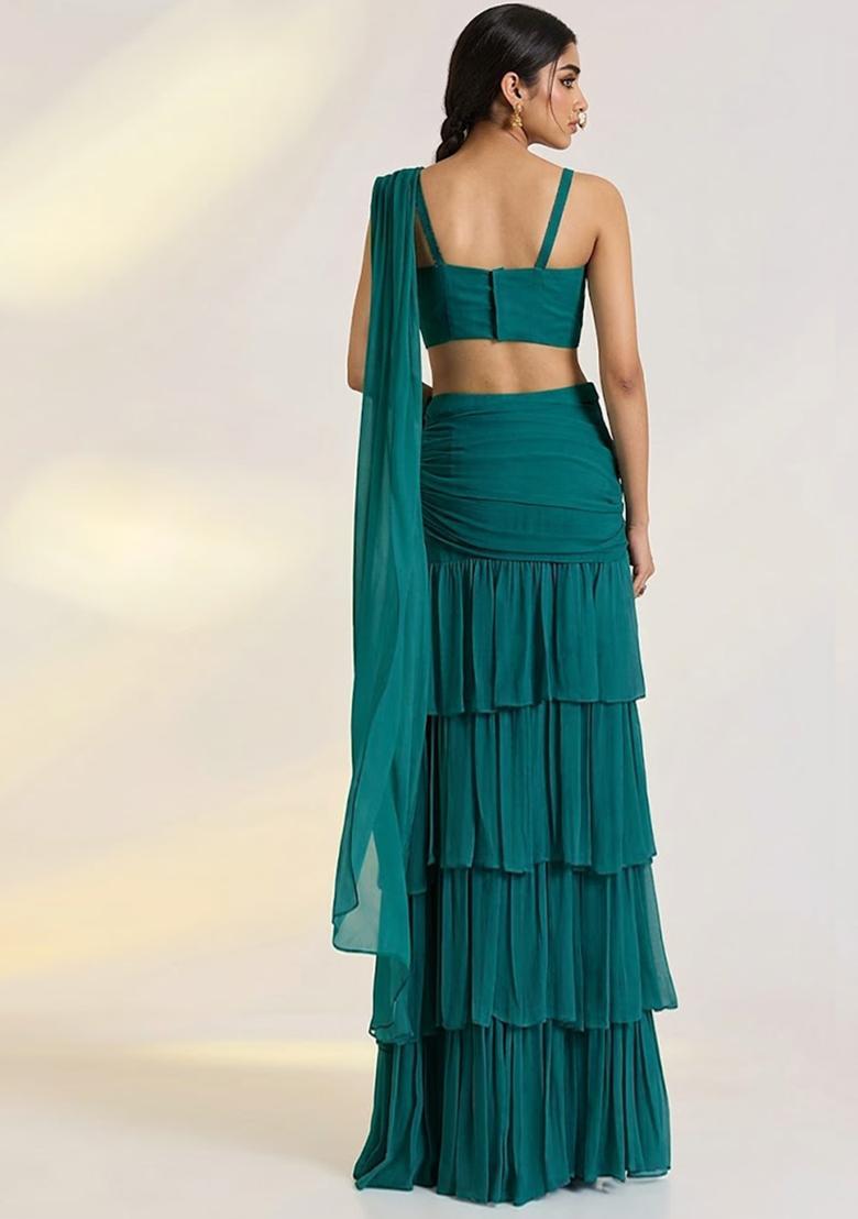 Green Georgette Embellished Handwork Pre Draped Saree Set - Indya
