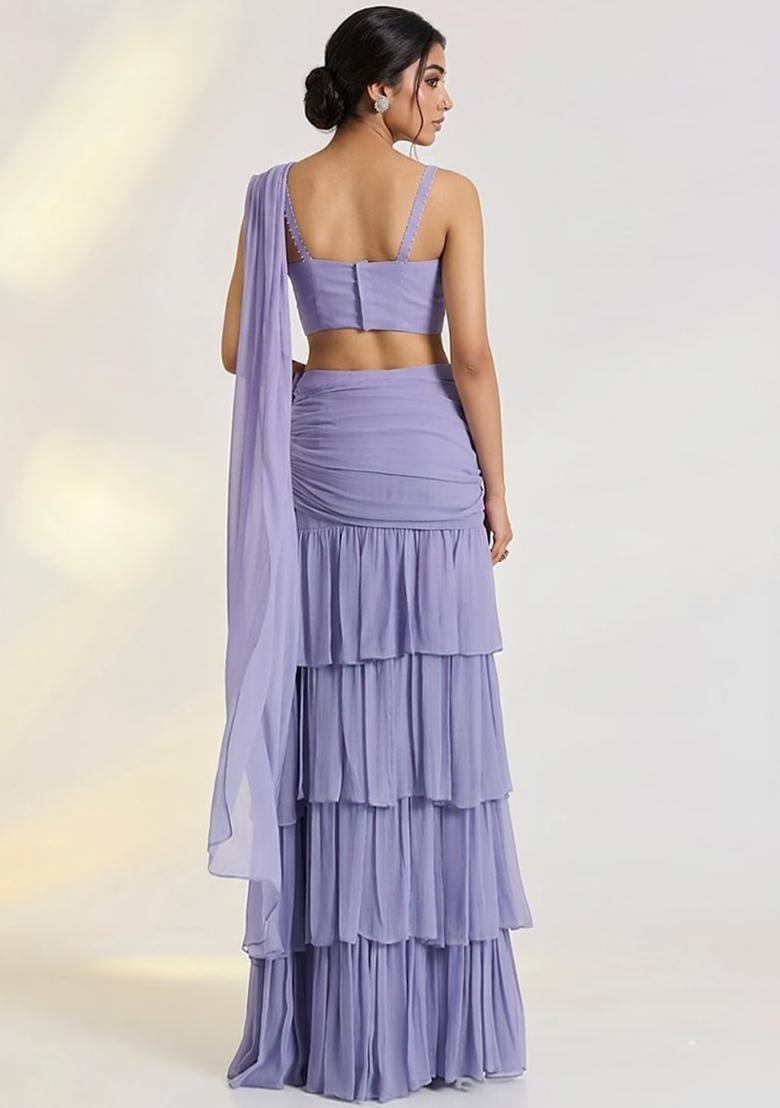 Purple Georgette Embellished Handwork Pre Draped Saree Set - Indya