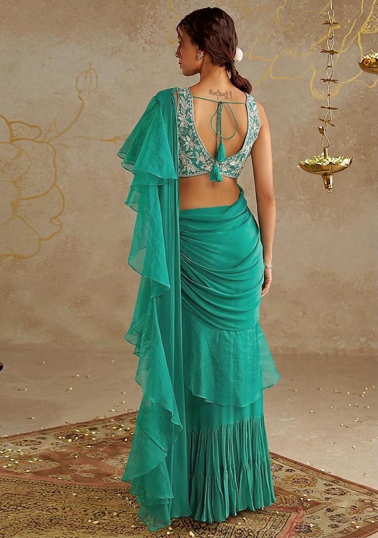 Aqua Green Chinon Embroidered Handwork Pre Draped Saree Set - Indya