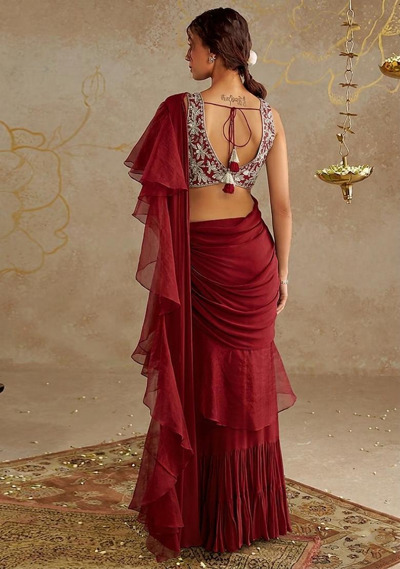 Blood Red Chinon Embroidered Handwork Pre Draped Saree Set - Indya