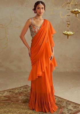 Orange Chinon Embroidered Handwork Pre Draped Saree Set