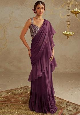 Plum Purple Chinon Embroidered Handwork Pre Draped Saree Set