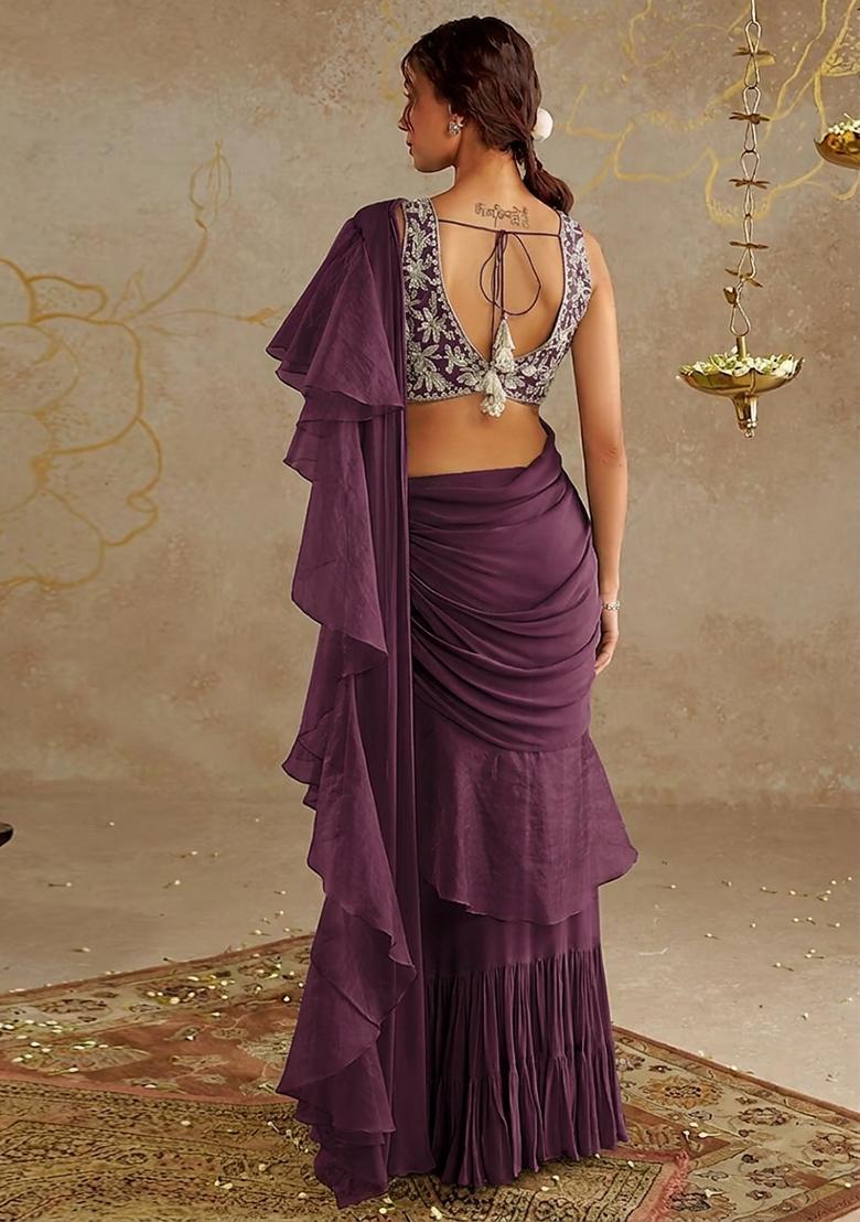 Plum Purple Chinon Embroidered Handwork Pre Draped Saree Set - Indya