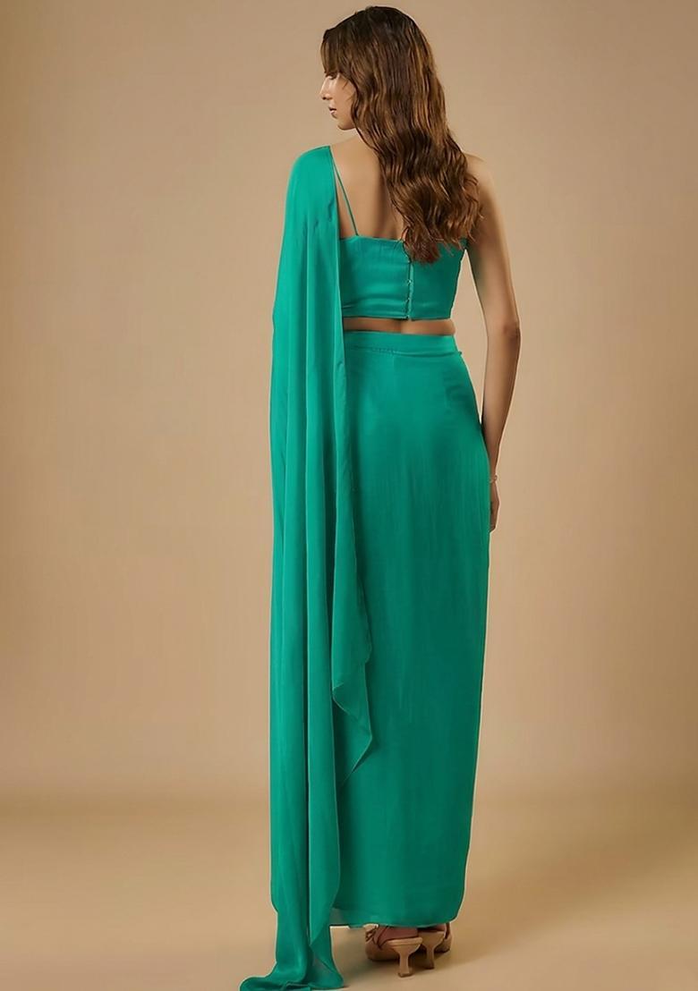 Aqua Green Satin Sequin Handwork Pre Draped Saree Set - Indya