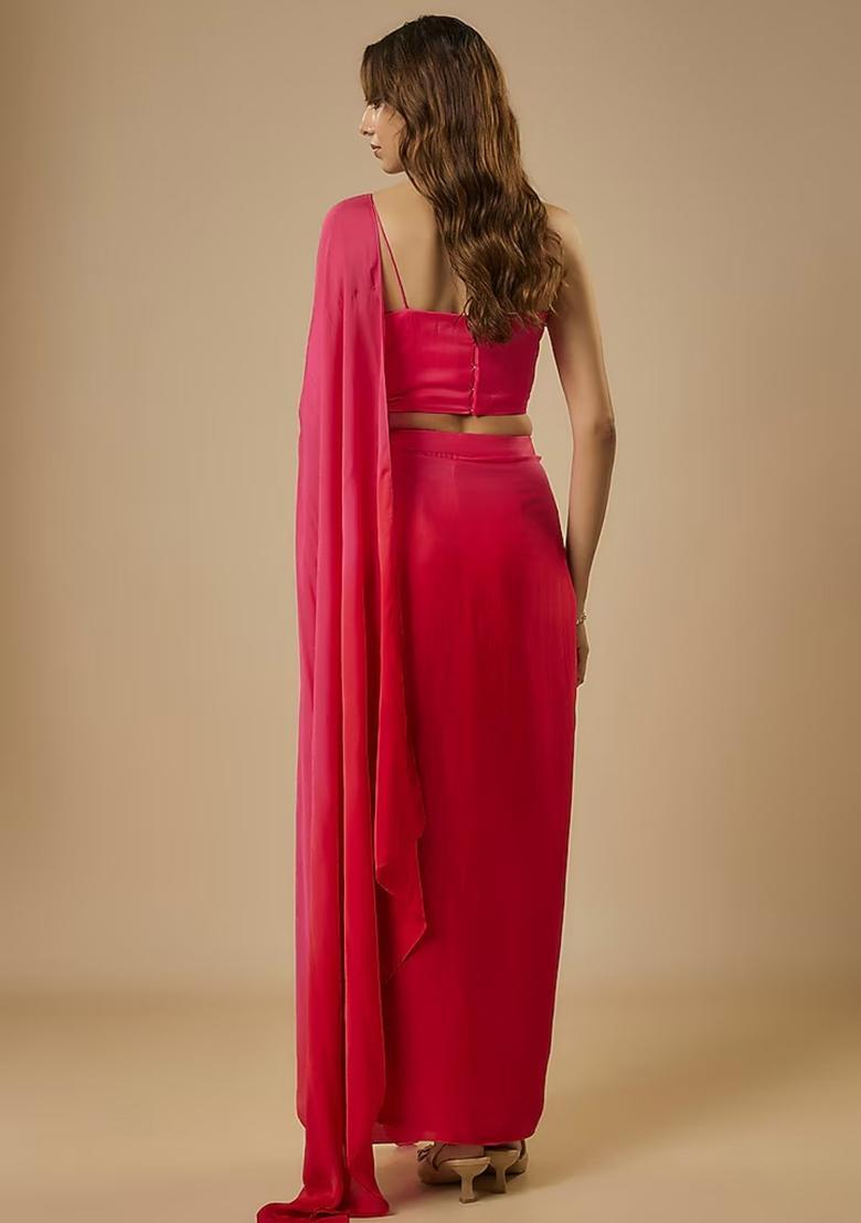 Fuchsia Pink Satin Sequin Handwork Pre Draped Saree Set - Indya