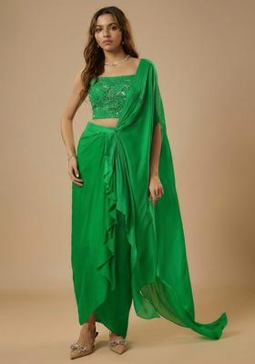 Green Satin Sequin Handwork Pre Draped Saree Set