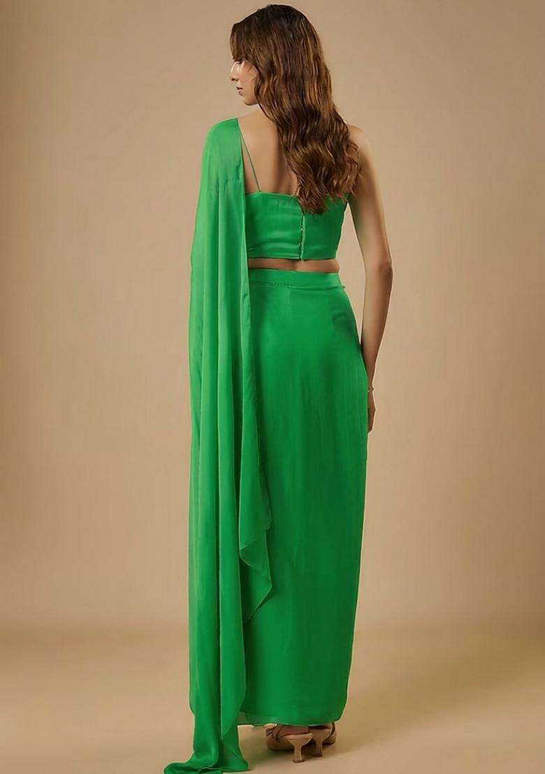 Green Satin Sequin Handwork Pre Draped Saree Set - Indya