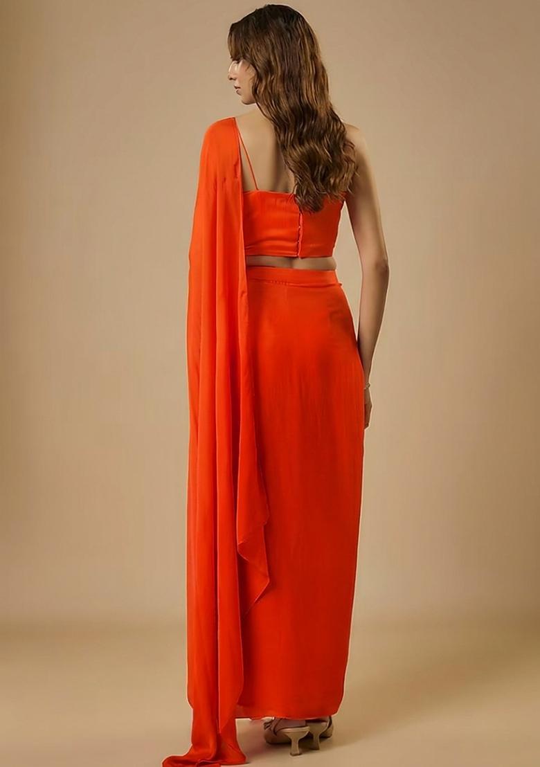 Orange Satin Sequin Handwork Pre Draped Saree Set - Indya