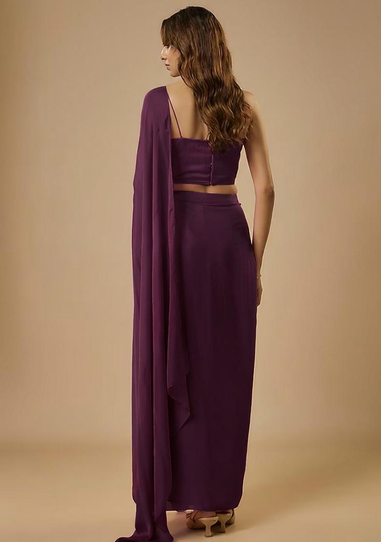 Plum Purple Satin Sequin Handwork Pre Draped Saree Set - Indya