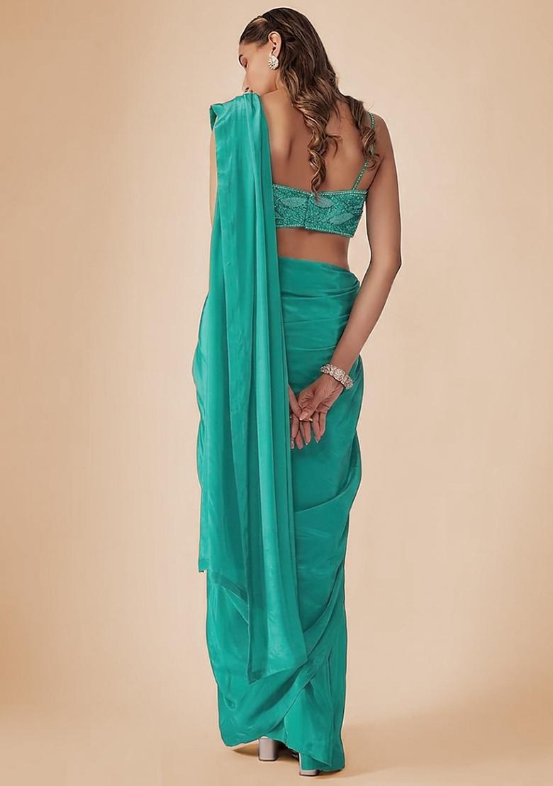Aqua Green Crepe Embellished Handwork Pre Draped Saree Set - Indya