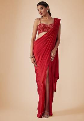 Blood Red Crepe Embellished Handwork Pre Draped Saree Set