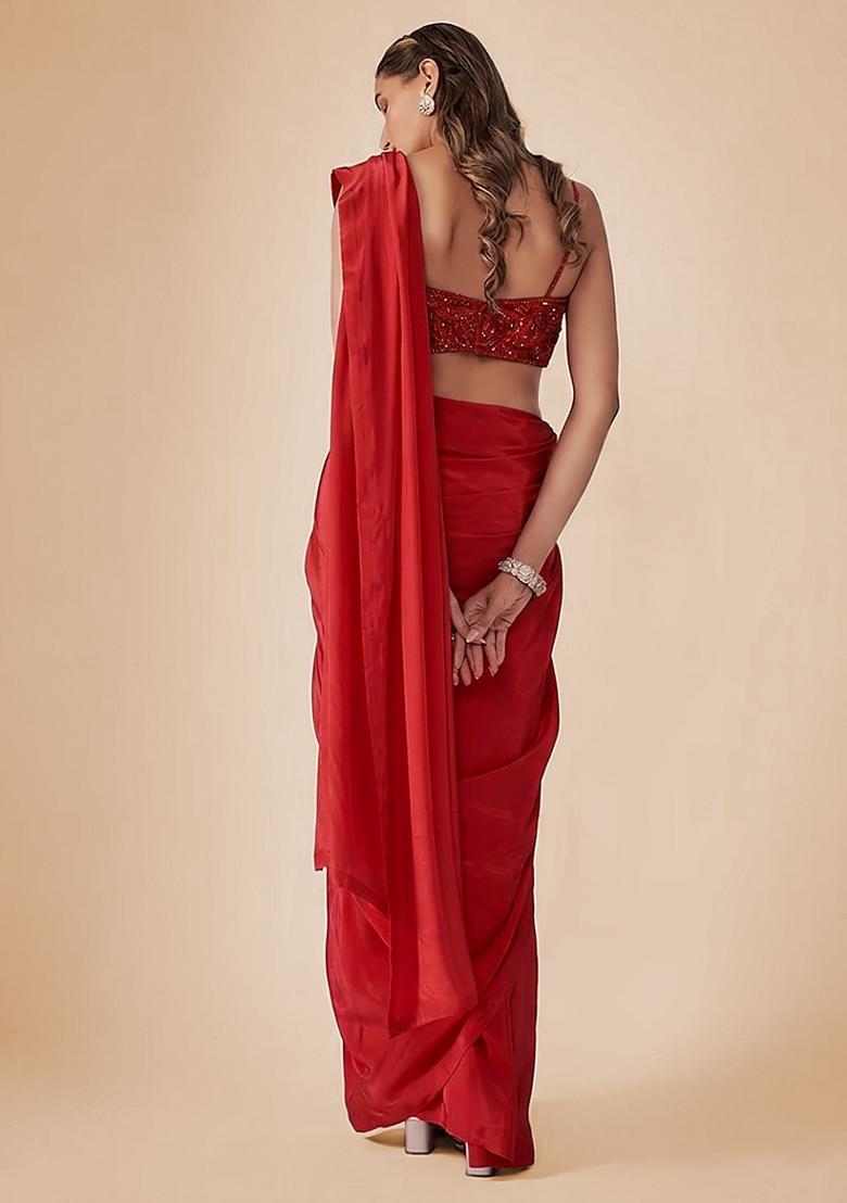 Blood Red Crepe Embellished Handwork Pre Draped Saree Set - Indya