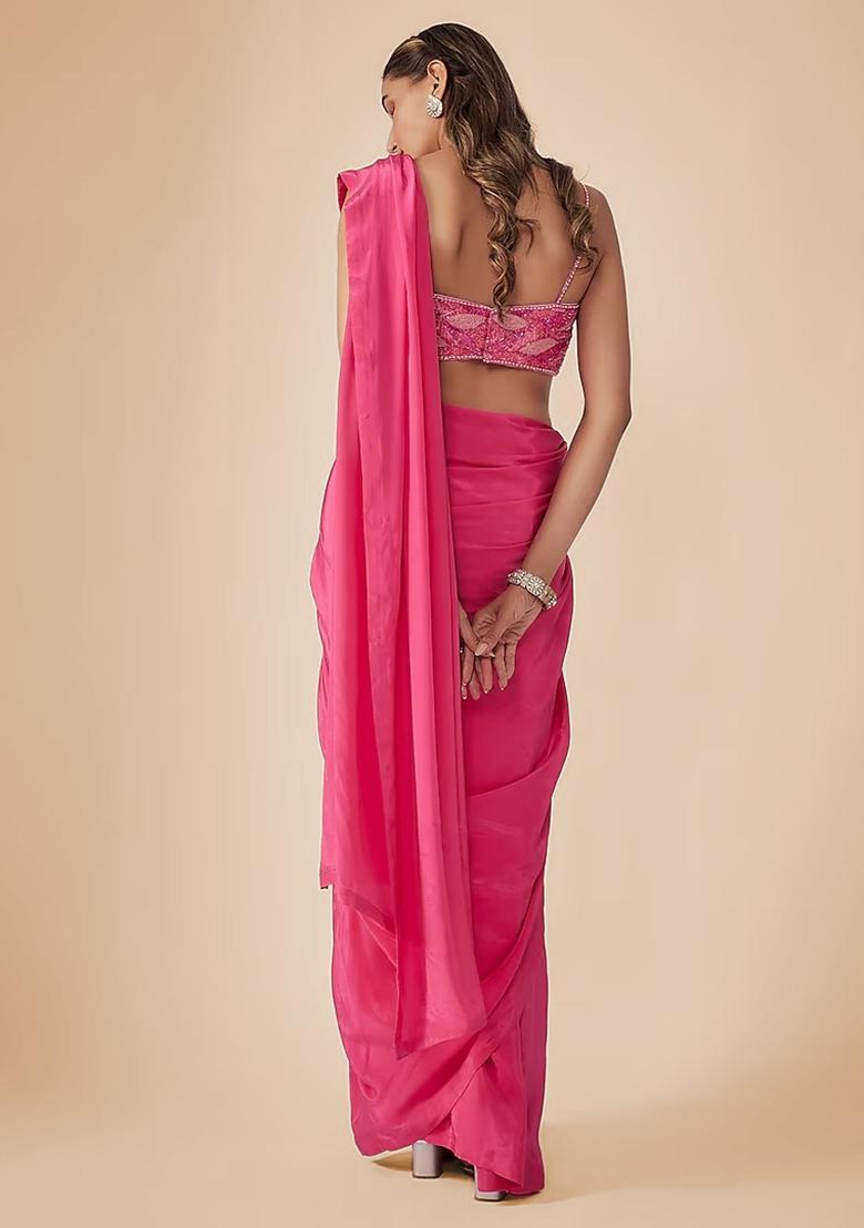 Fuchsia Pink Crepe Embellished Handwork Pre Draped Saree Set - Indya