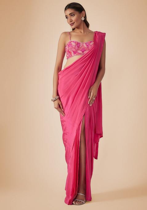 Fuchsia Pink Crepe Embellished Handwork Pre Draped Saree Set