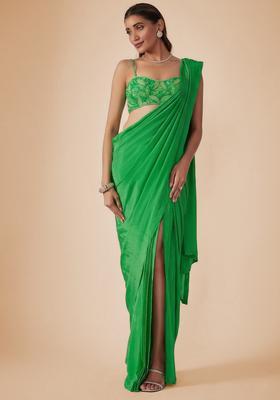 Green Crepe Embellished Handwork Pre Draped Saree Set