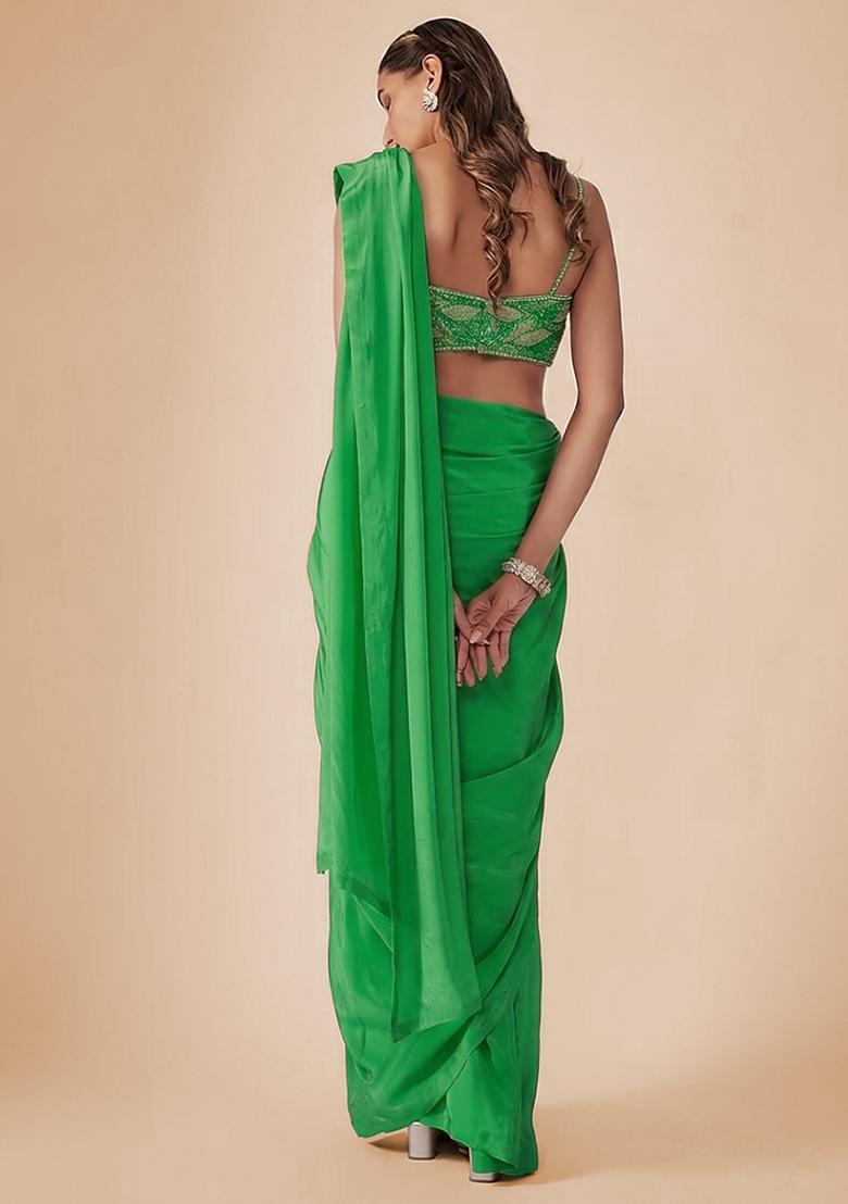 Green Crepe Embellished Handwork Pre Draped Saree Set - Indya