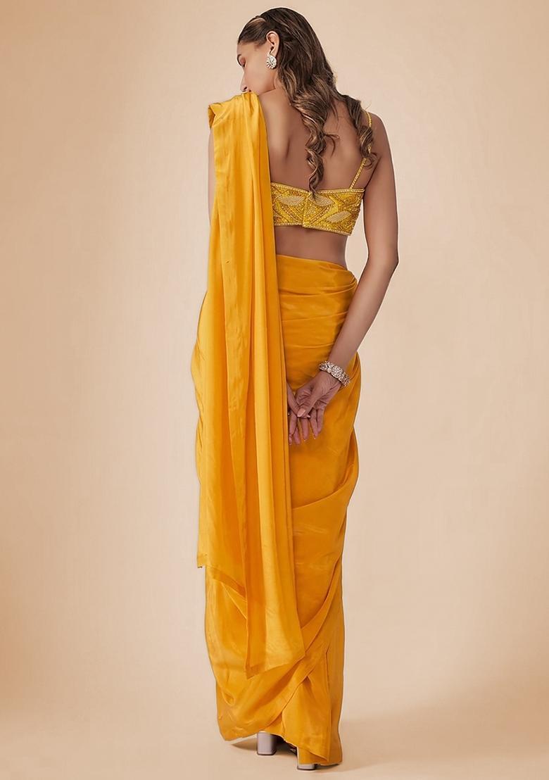 Neon Yellow Crepe Embellished Handwork Pre Draped Saree Set - Indya