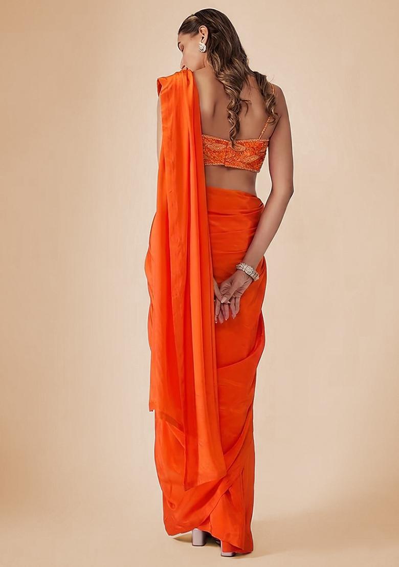 Orange Crepe Embellished Handwork Pre Draped Saree Set - Indya