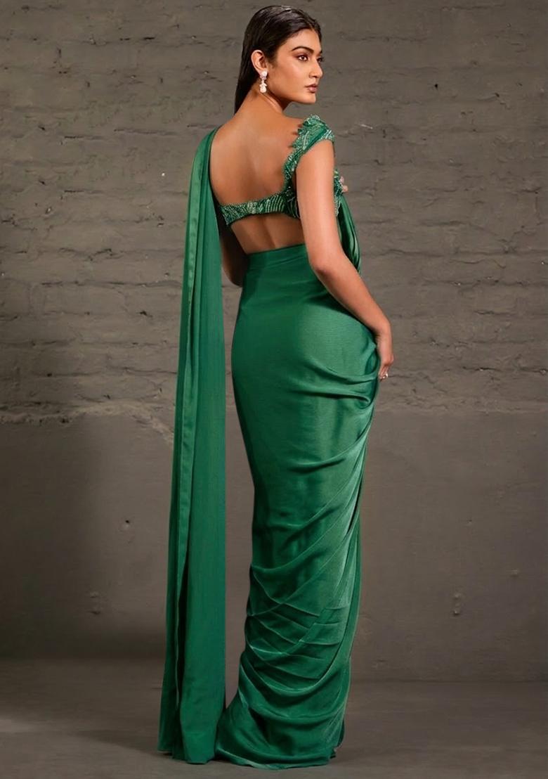 Deep Green Satin Sequin Handwork Pre Draped Saree Set - Indya