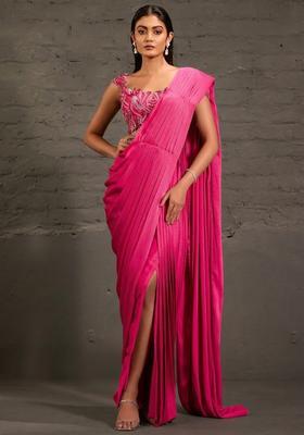 Fuchsia Pink Satin Sequin Handwork Pre Draped Saree Set