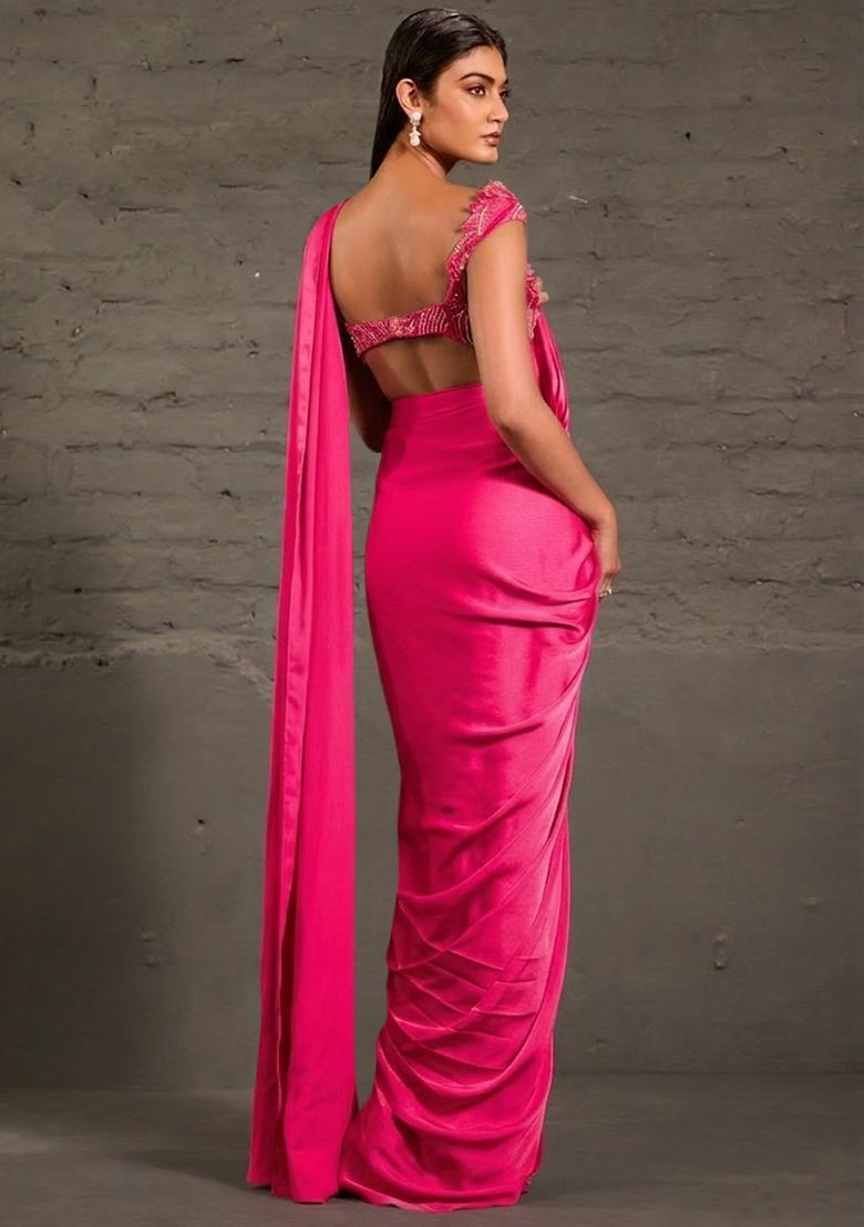 Fuchsia Pink Satin Sequin Handwork Pre Draped Saree Set - Indya