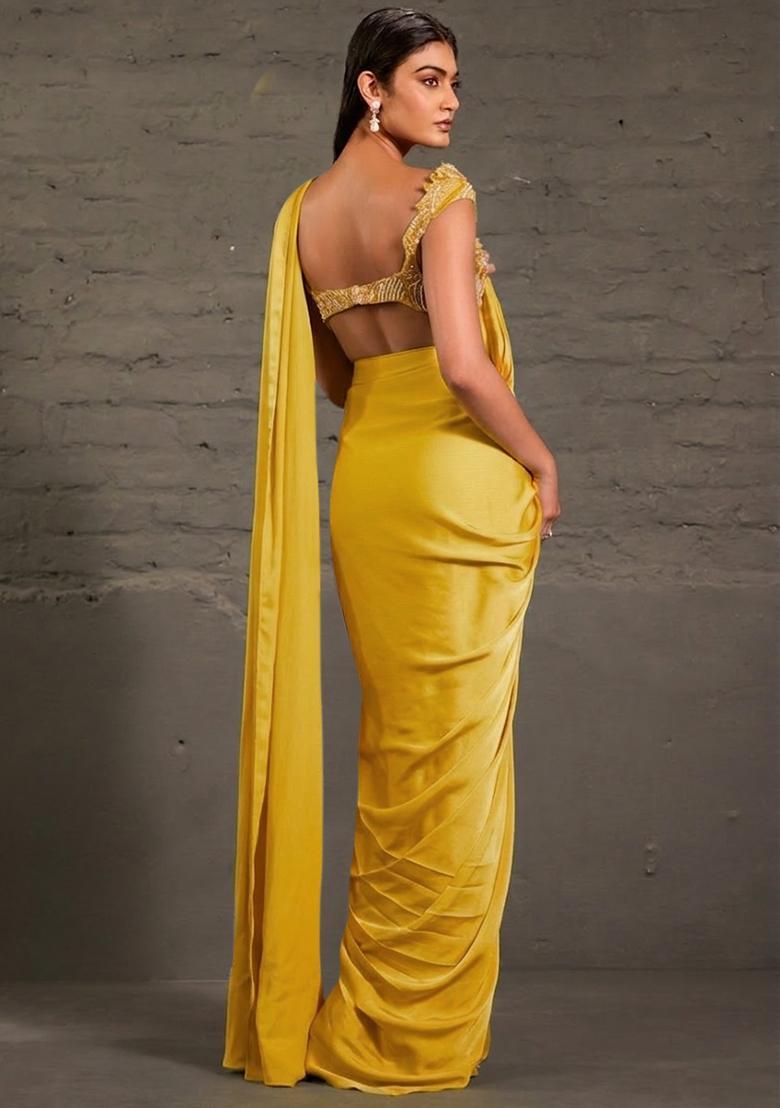 Neon Yellow Satin Sequin Handwork Pre Draped Saree Set - Indya