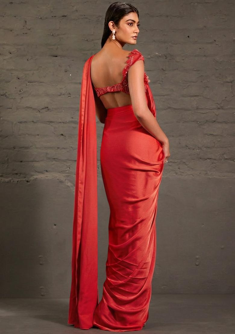 Bright Red Satin Sequin Handwork Pre Draped Saree Set - Indya