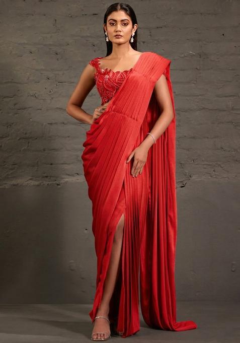 Bright Red Satin Sequin Handwork Pre Draped Saree Set
