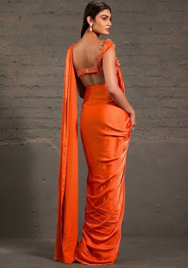 Orange Satin Sequin Handwork Pre Draped Saree Set - Indya