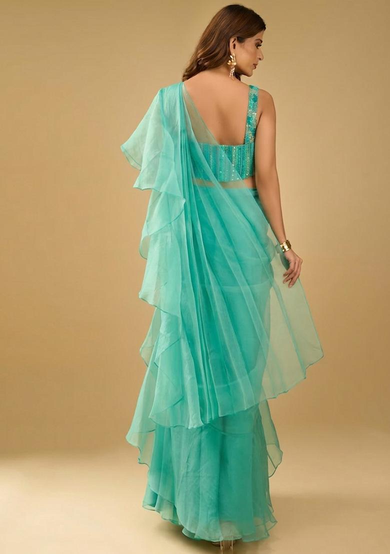 Aqua Green Organza Sequin Handwork Pre Draped Saree Set - Indya