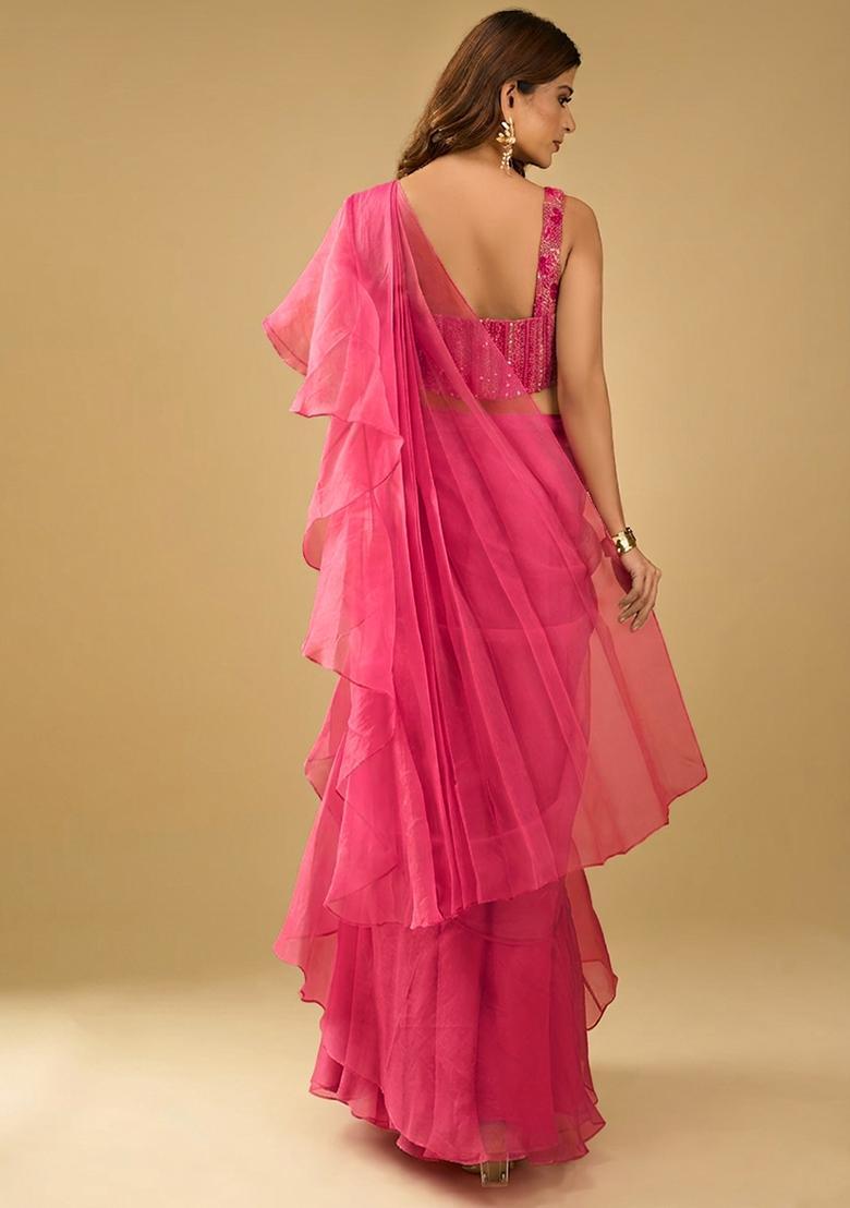 Fuchsia Pink Organza Sequin Handwork Pre Draped Saree Set - Indya