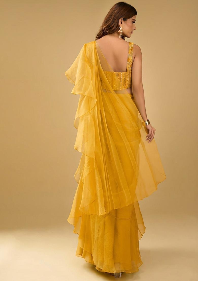 Neon Yellow Organza Sequin Handwork Pre Draped Saree Set - Indya