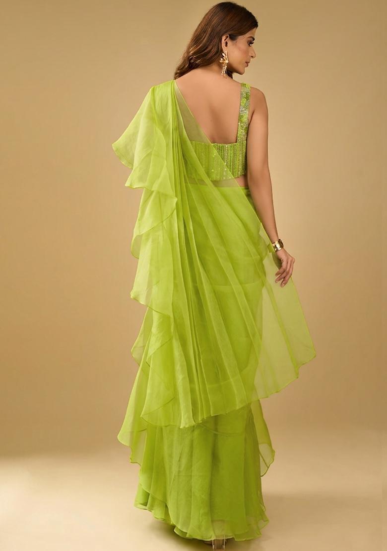 Neon Lime Organza Sequin Handwork Pre Draped Saree Set - Indya