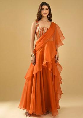 Orange Organza Sequin Handwork Pre Draped Saree Set